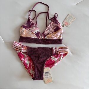 Women’s Floral Print Burgundy Bikini Set - Stretch Swim Top & Bottom